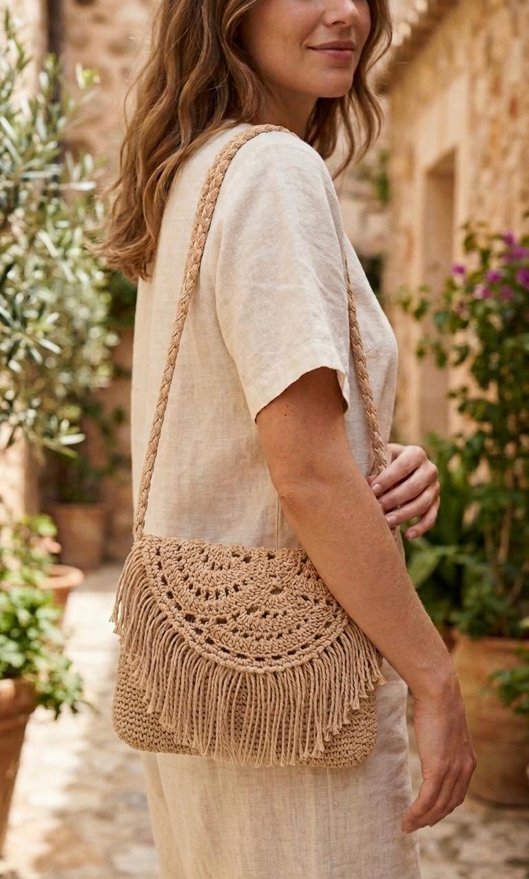 Damska Pleciona Torebka Boho Naturalna Boheme Fringe - obrazek 3